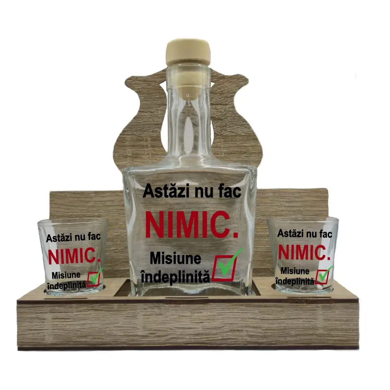 Astazi nu fac nimic..., suport din lemn cu sticla si 2 pahare, model hgs067